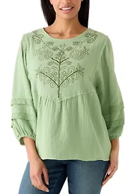Women's 3/4 Sleeve Gauze Embroidered Bib Top