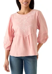 Women's 3/4 Sleeve Gauze Embroidered Bib Top