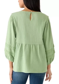 Women's 3/4 Sleeve Gauze Embroidered Bib Top