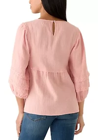 Women's 3/4 Sleeve Gauze Embroidered Bib Top