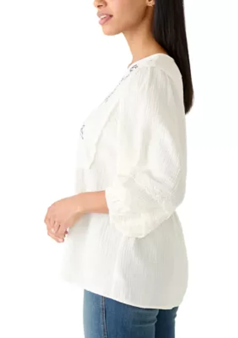 Women's 3/4 Sleeve Gauze Embroidered Bib Top
