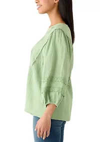 Women's 3/4 Sleeve Gauze Embroidered Bib Top
