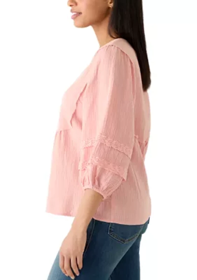 Women's 3/4 Sleeve Gauze Embroidered Bib Top