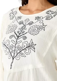 Women's 3/4 Sleeve Gauze Embroidered Bib Top