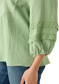 Women's 3/4 Sleeve Gauze Embroidered Bib Top