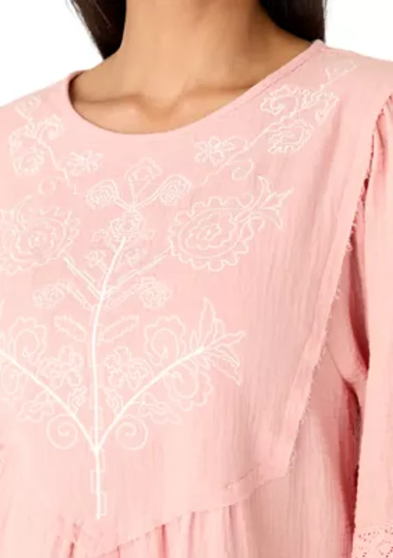 Women's 3/4 Sleeve Gauze Embroidered Bib Top