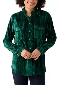 Women's Ruffle Long Sleeve Velvet Shirt