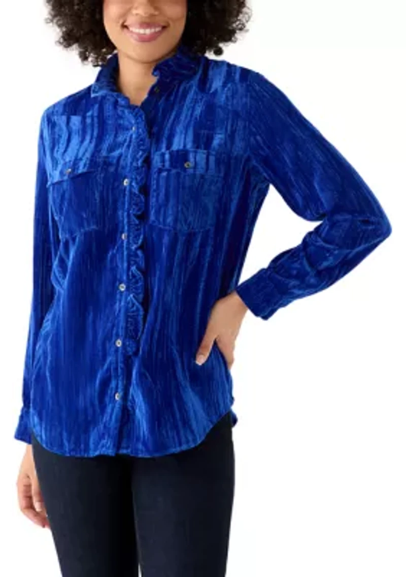Women's Ruffle Long Sleeve Velvet Shirt