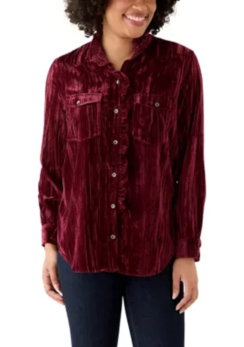 Women's Ruffle Long Sleeve Velvet Shirt