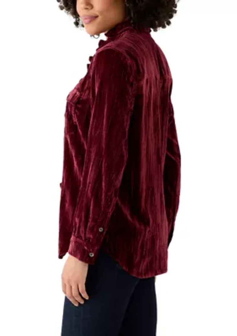 Women's Ruffle Long Sleeve Velvet Shirt