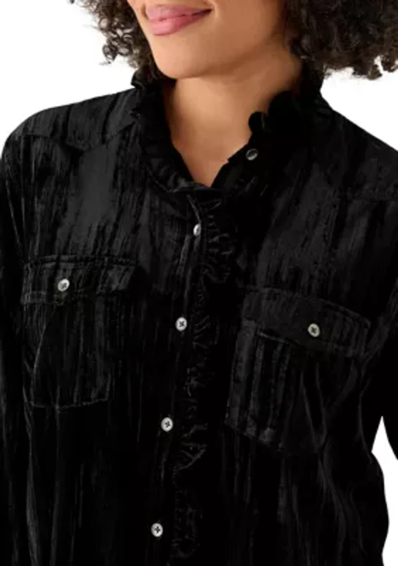 Women's Ruffle Long Sleeve Velvet Shirt