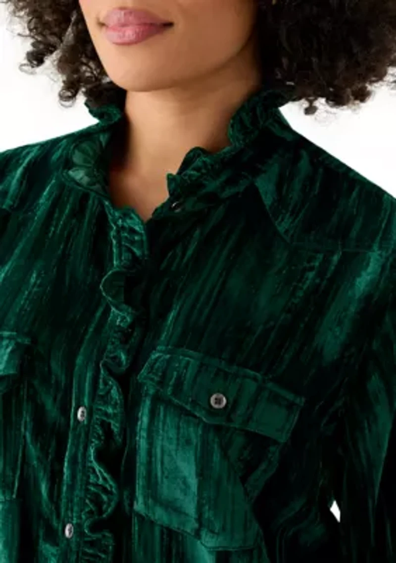 Women's Ruffle Long Sleeve Velvet Shirt