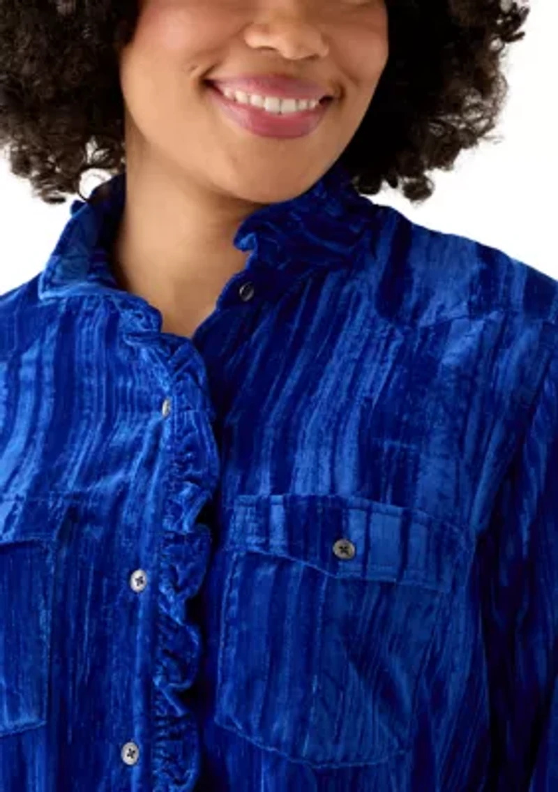 Women's Ruffle Long Sleeve Velvet Shirt
