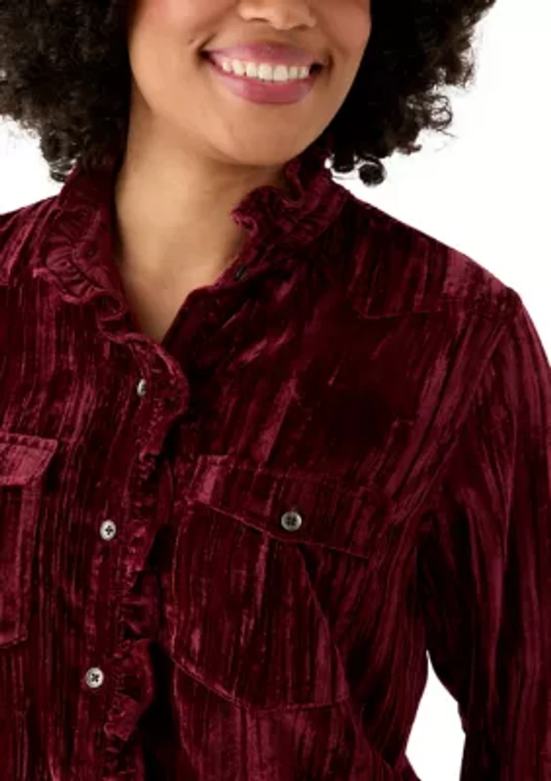 Women's Ruffle Long Sleeve Velvet Shirt