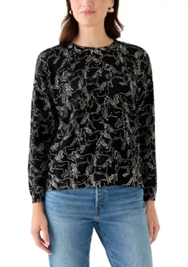 Women's Fine Gauge Crew Neck Printed Sweater