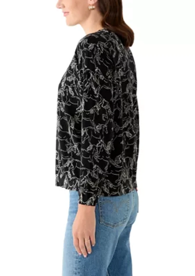 Women's Fine Gauge Crew Neck Printed Sweater