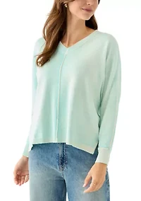 Women's Fine Gauge Exposed Seam V-Neck Top