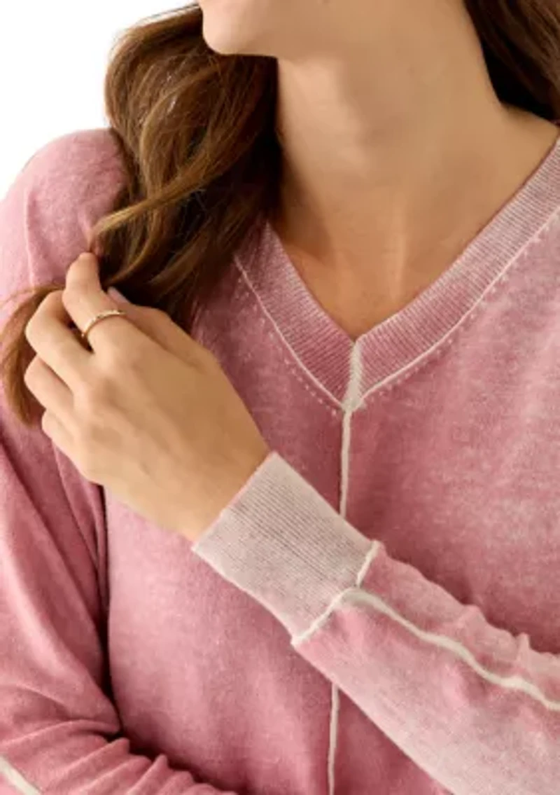 Women's Fine Gauge Exposed Seam V-Neck Top