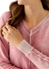 Women's Fine Gauge Exposed Seam V-Neck Top