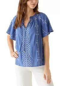 Women's Flutter Sleeve Embroidered Top