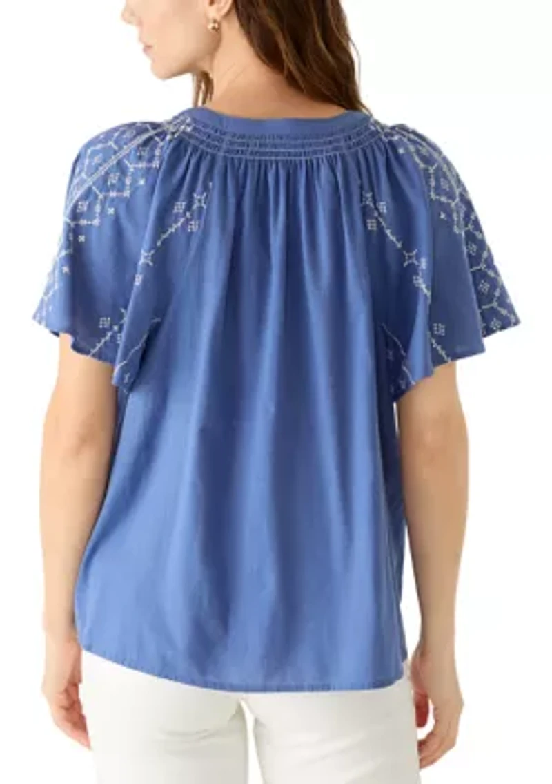 Women's Flutter Sleeve Embroidered Top