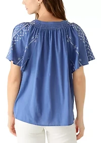 Women's Flutter Sleeve Embroidered Top