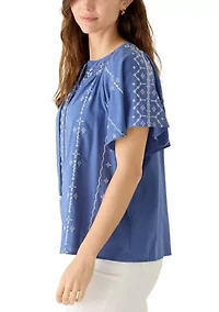 Women's Flutter Sleeve Embroidered Top