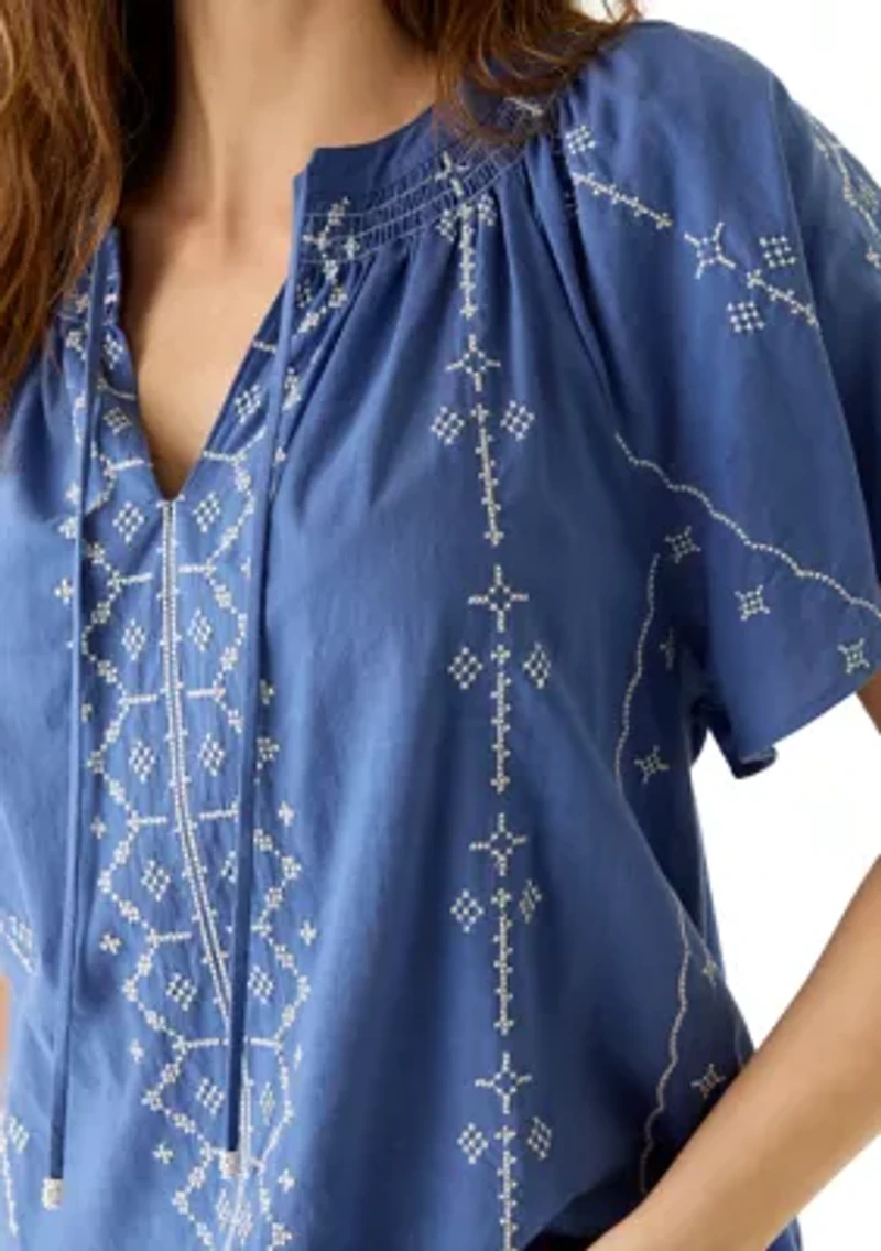 Women's Flutter Sleeve Embroidered Top