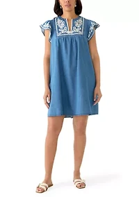 Women's Short Flutter Sleeve Embroidered Dress