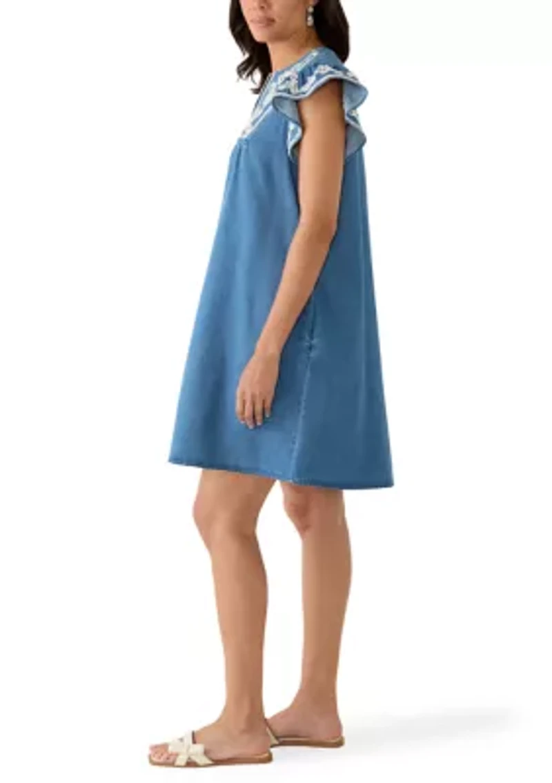 Women's Short Flutter Sleeve Embroidered Dress