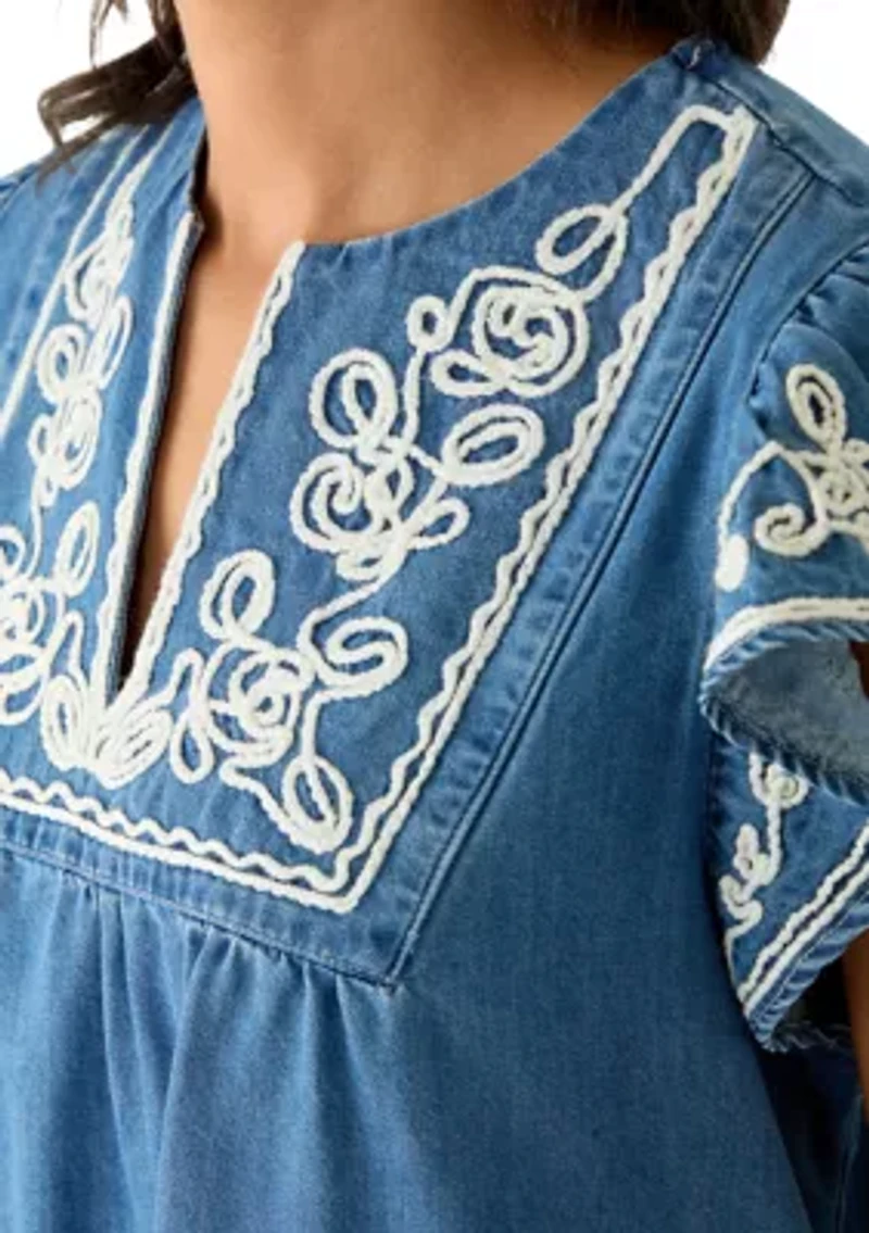 Women's Short Flutter Sleeve Embroidered Dress