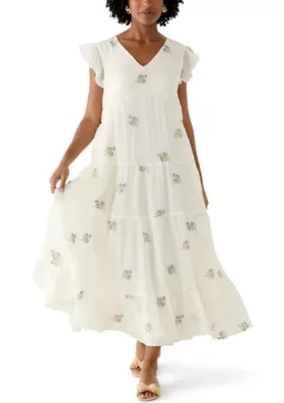 Women's Short Flutter Sleeve Embroidered Midi Dress