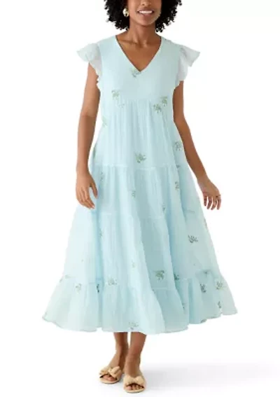 Women's Short Flutter Sleeve Embroidered Midi Dress