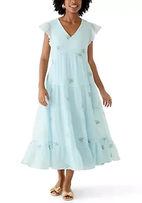 Women's Short Flutter Sleeve Embroidered Midi Dress