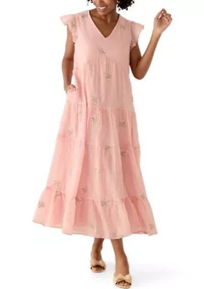 Women's Short Flutter Sleeve Embroidered Midi Dress