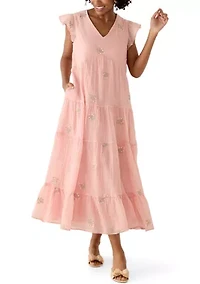 Women's Short Flutter Sleeve Embroidered Midi Dress