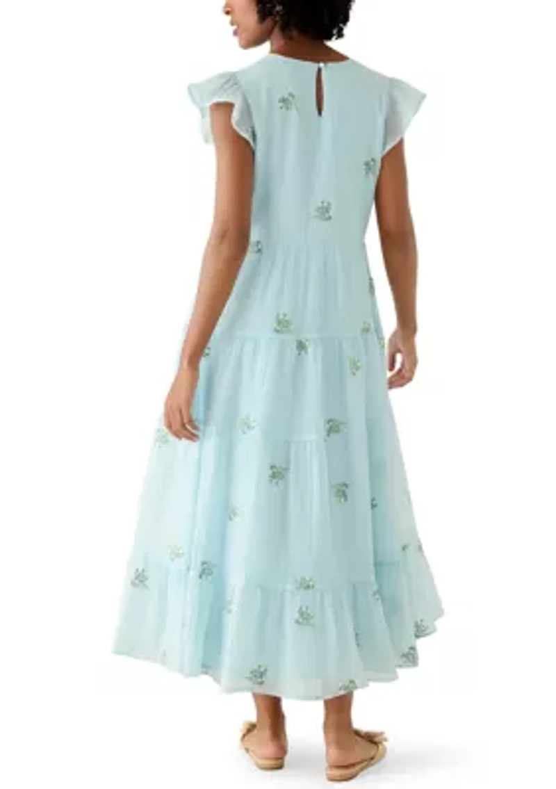 Women's Short Flutter Sleeve Embroidered Midi Dress