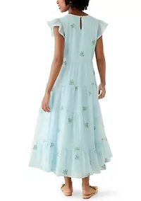 Women's Short Flutter Sleeve Embroidered Midi Dress