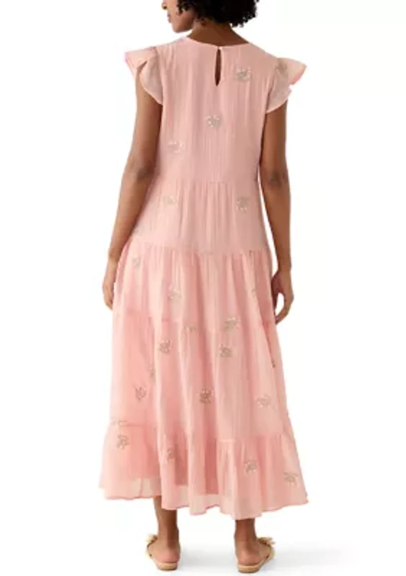 Women's Short Flutter Sleeve Embroidered Midi Dress