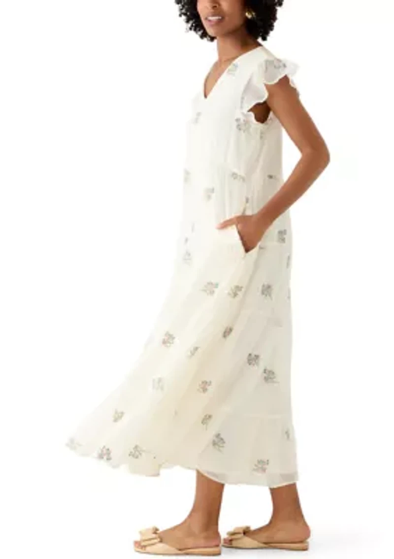 Women's Short Flutter Sleeve Embroidered Midi Dress