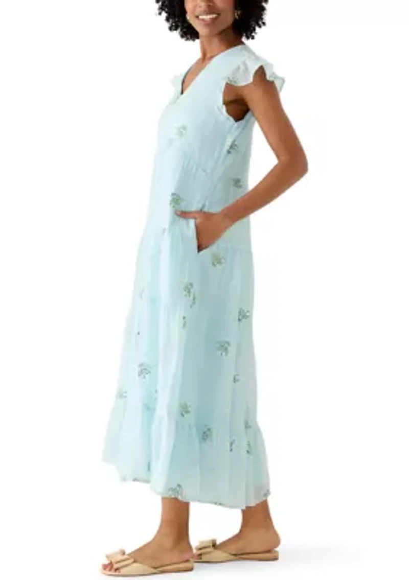 Women's Short Flutter Sleeve Embroidered Midi Dress