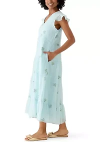 Women's Short Flutter Sleeve Embroidered Midi Dress