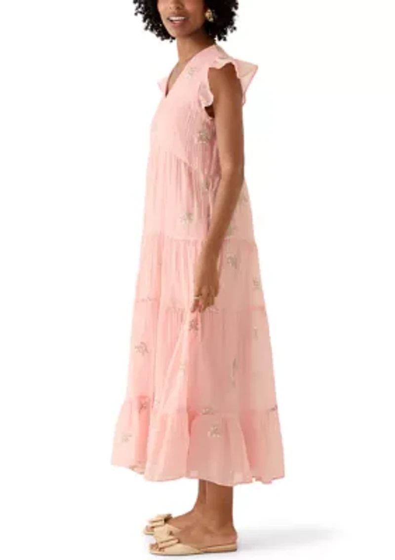 Women's Short Flutter Sleeve Embroidered Midi Dress