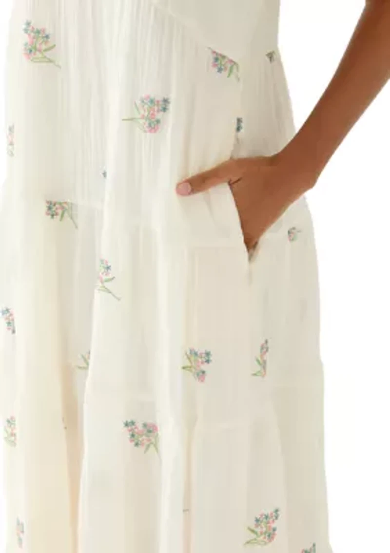 Women's Short Flutter Sleeve Embroidered Midi Dress