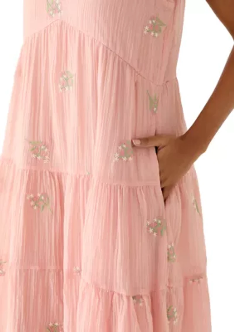 Women's Short Flutter Sleeve Embroidered Midi Dress