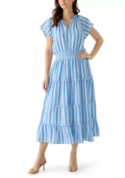 Women's Short Sleeve Smocked Waist Striped Maxi Dress
