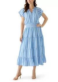 Women's Short Sleeve Smocked Waist Striped Maxi Dress