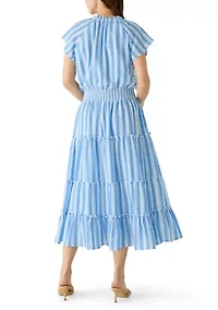 Women's Short Sleeve Smocked Waist Striped Maxi Dress