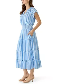 Women's Short Sleeve Smocked Waist Striped Maxi Dress