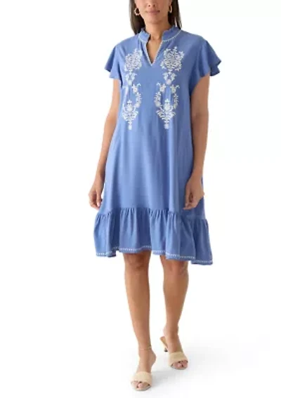 Women's Sleeveless Embroidered Flutter Mini Dress